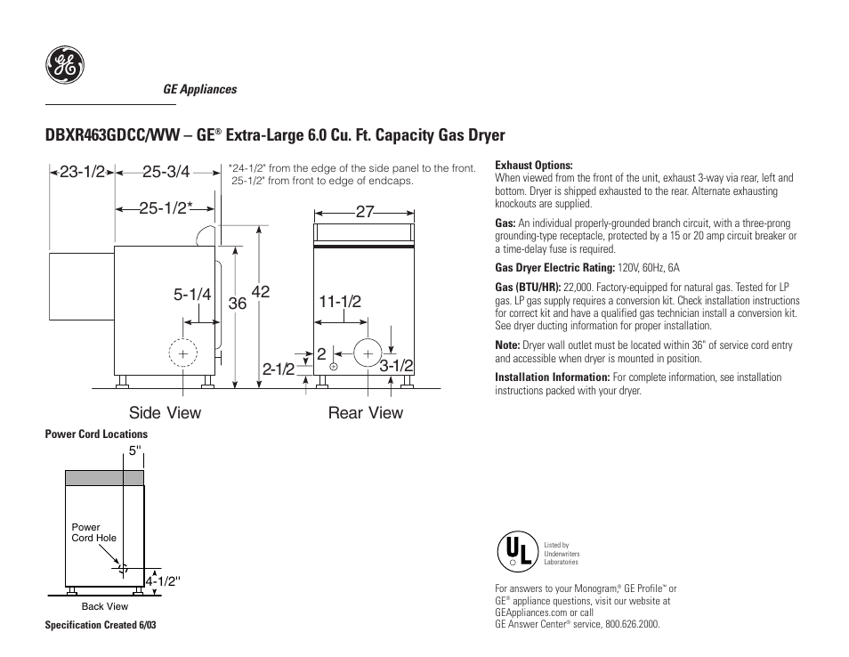 GE DBXR463GDCC/WW GE User Manual | 3 pages