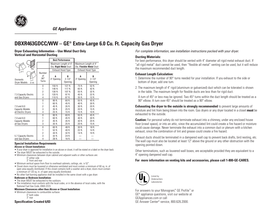 Dbxr463gdcc/ww – ge, Extra-large 6.0 cu. ft. capacity gas dryer, Ge appliances | GE DBXR463GDCC/WW GE User Manual | Page 2 / 3