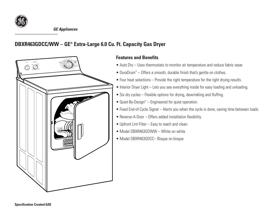 Dbxr463gdcc/ww – ge, Extra-large 6.0 cu. ft. capacity gas dryer | GE DBXR463GDCC/WW GE User Manual | Page 3 / 3