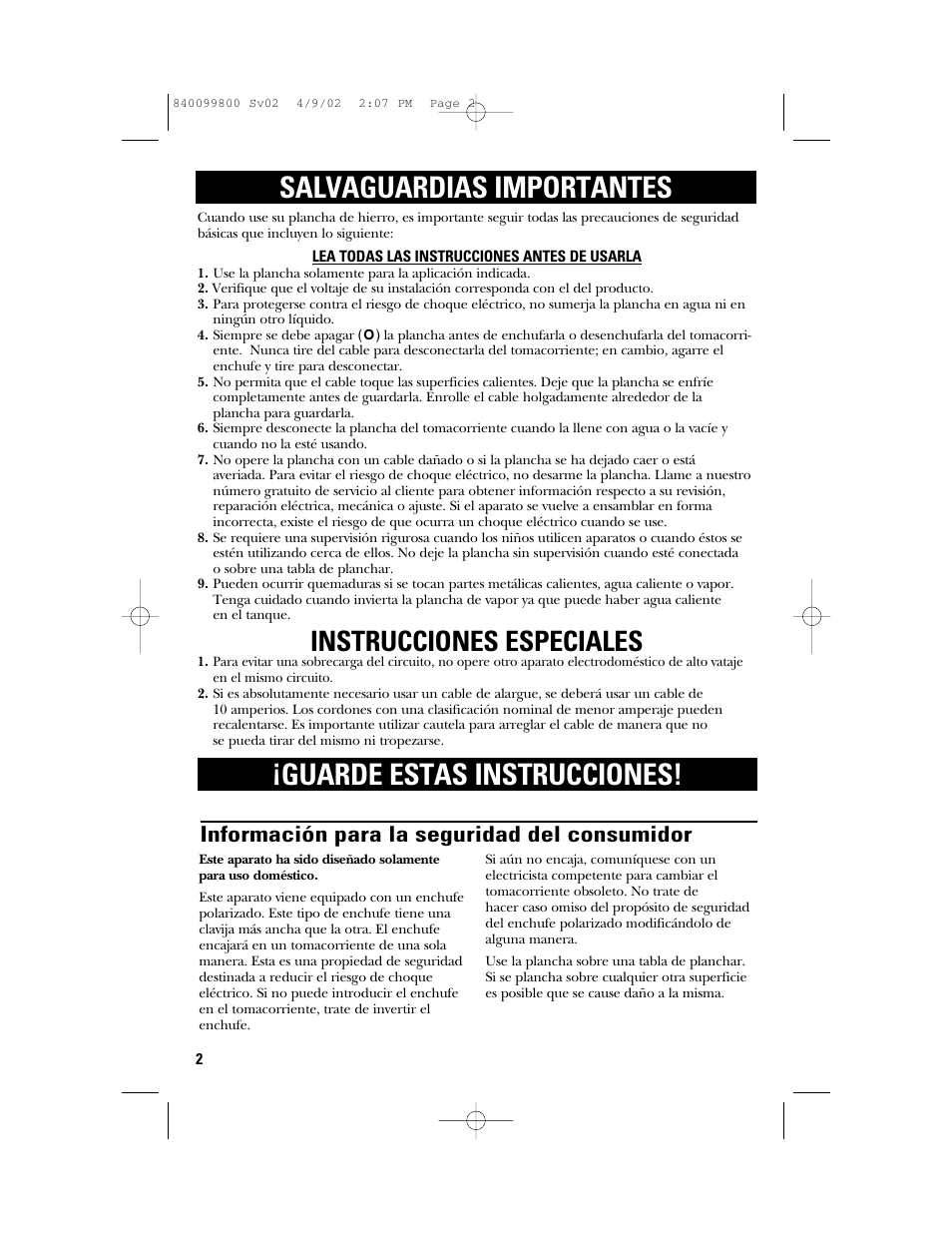 Instrucciones especiales, Información para la seguridad del consumidor | GE 840099800 User Manual | Page 10 / 16