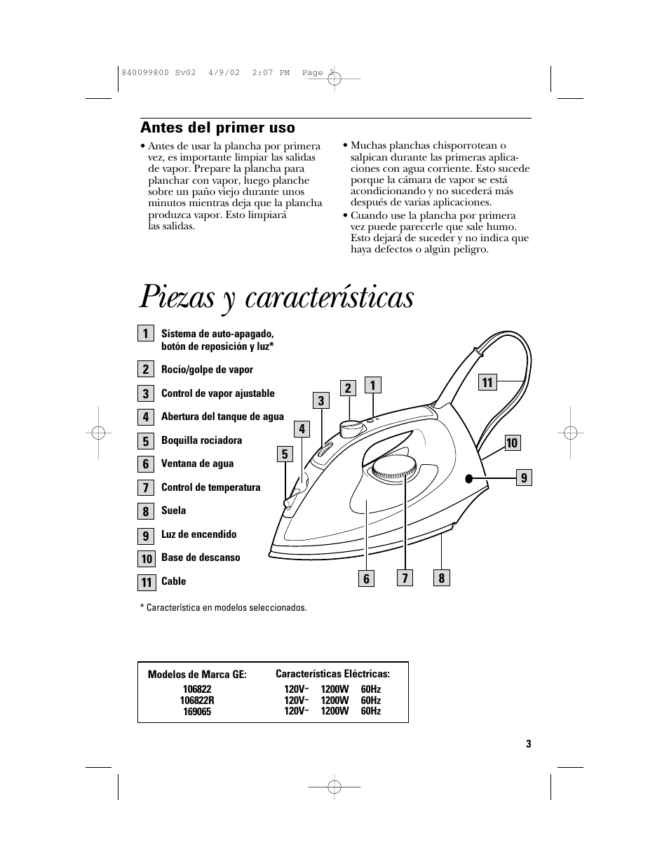 Piezas y características, Antes del primer uso | GE 840099800 User Manual | Page 11 / 16