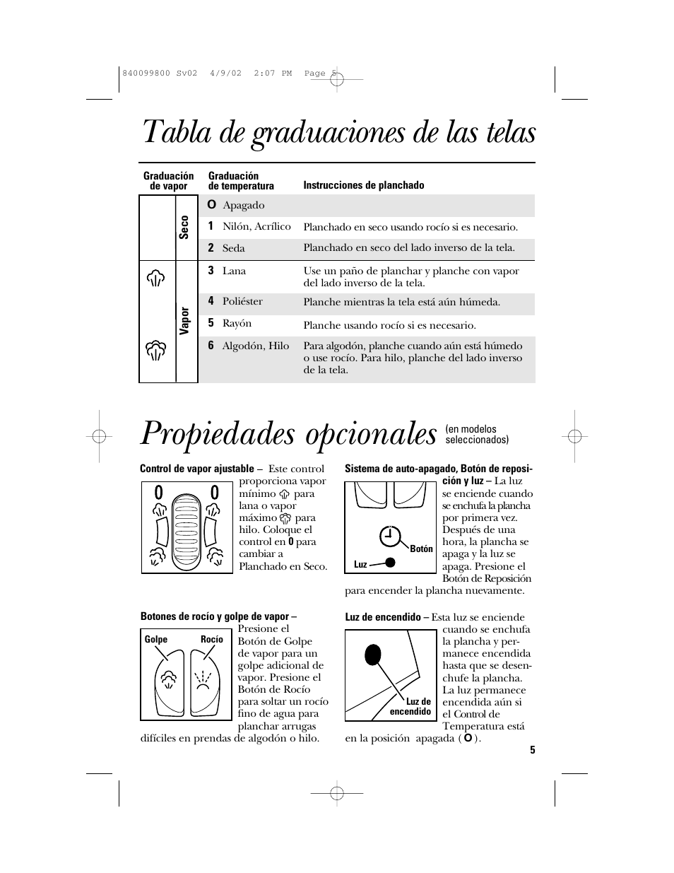 Propiedades opcionales, Tabla de graduaciones de las telas | GE 840099800 User Manual | Page 13 / 16