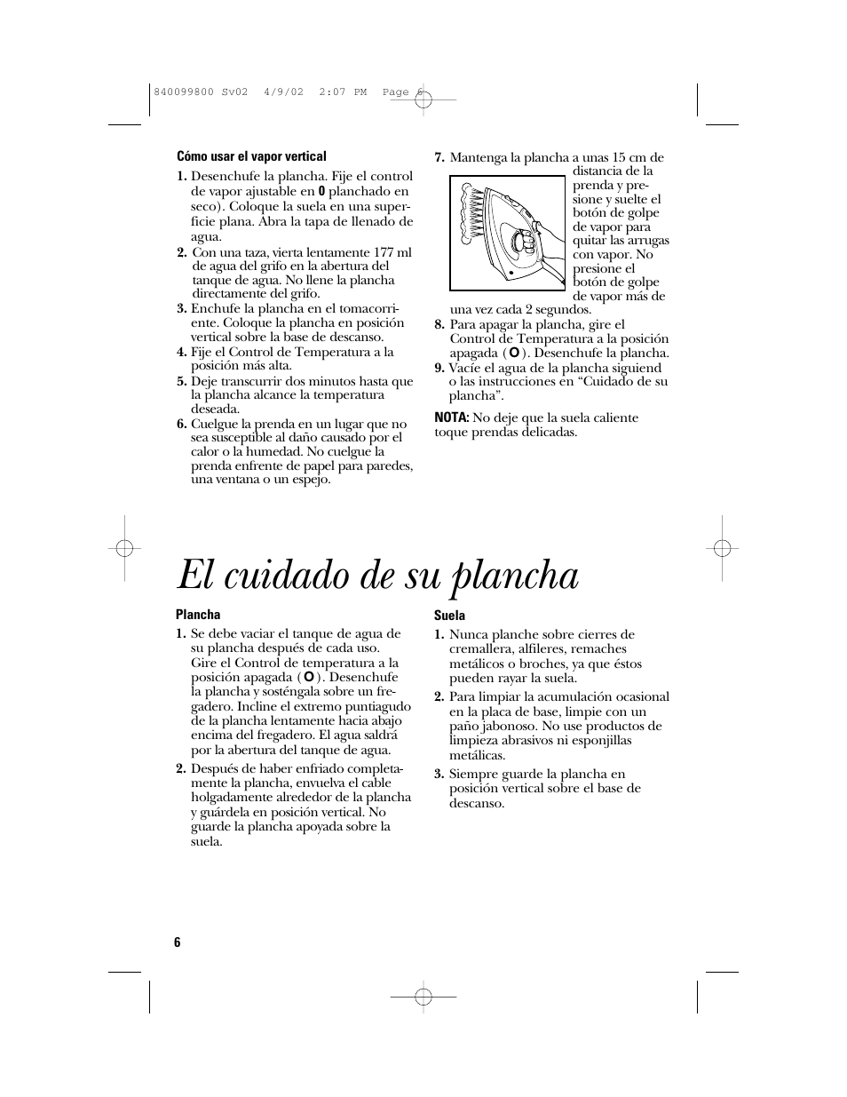 El cuidado de su plancha | GE 840099800 User Manual | Page 14 / 16