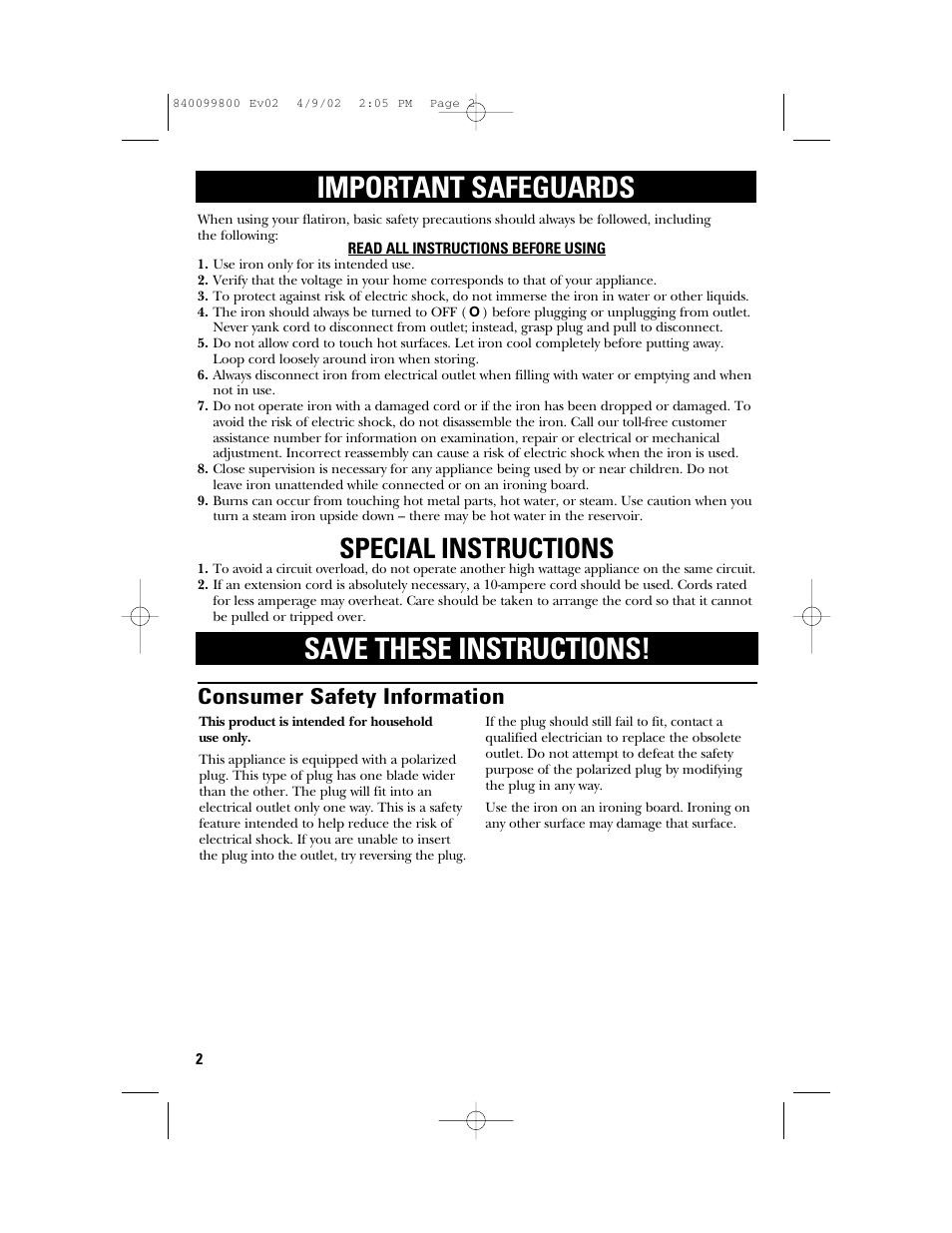 Important safeguards save these instructions, Special instructions, Consumer safety information | GE 840099800 User Manual | Page 2 / 16