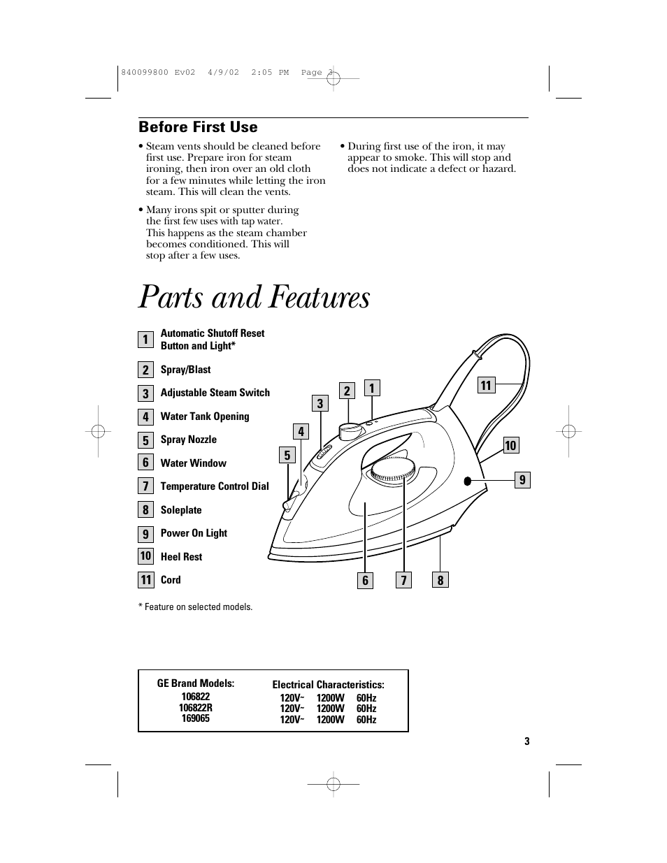 Parts and features, Before first use | GE 840099800 User Manual | Page 3 / 16