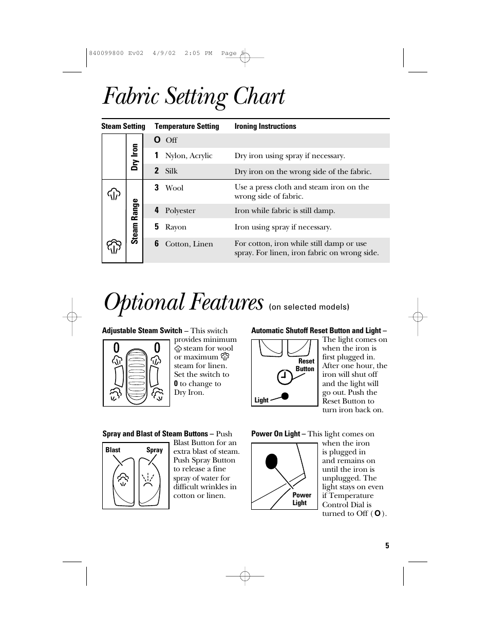 Optional features, Fabric setting chart | GE 840099800 User Manual | Page 5 / 16