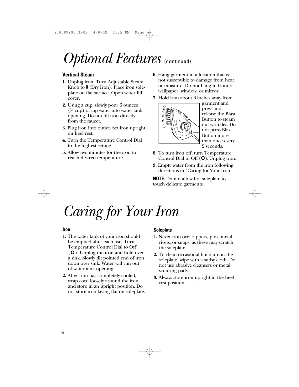 Caring for your iron, Optional features | GE 840099800 User Manual | Page 6 / 16