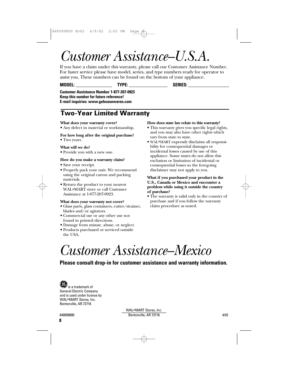 Customer assistance–u.s.a, Customer assistance–mexico, Two-year limited warranty | GE 840099800 User Manual | Page 8 / 16