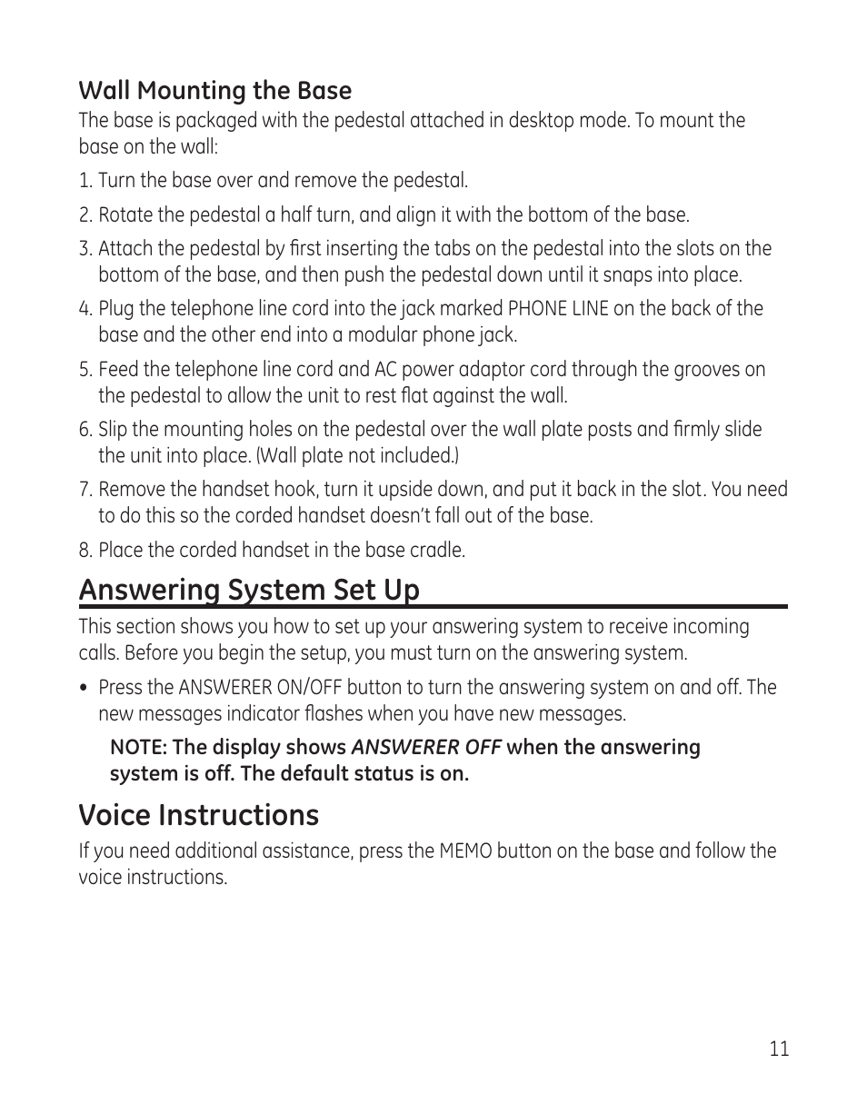 Answering system set up, Voice instructions | GE 00009246 User Manual | Page 11 / 96