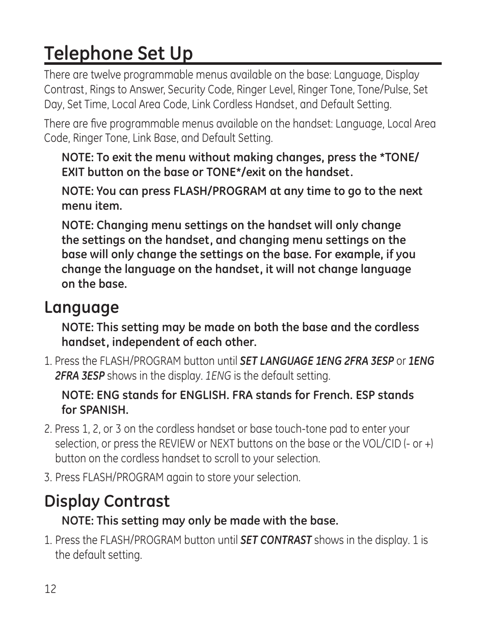 Telephone set up, Language, Display contrast | GE 00009246 User Manual | Page 12 / 96