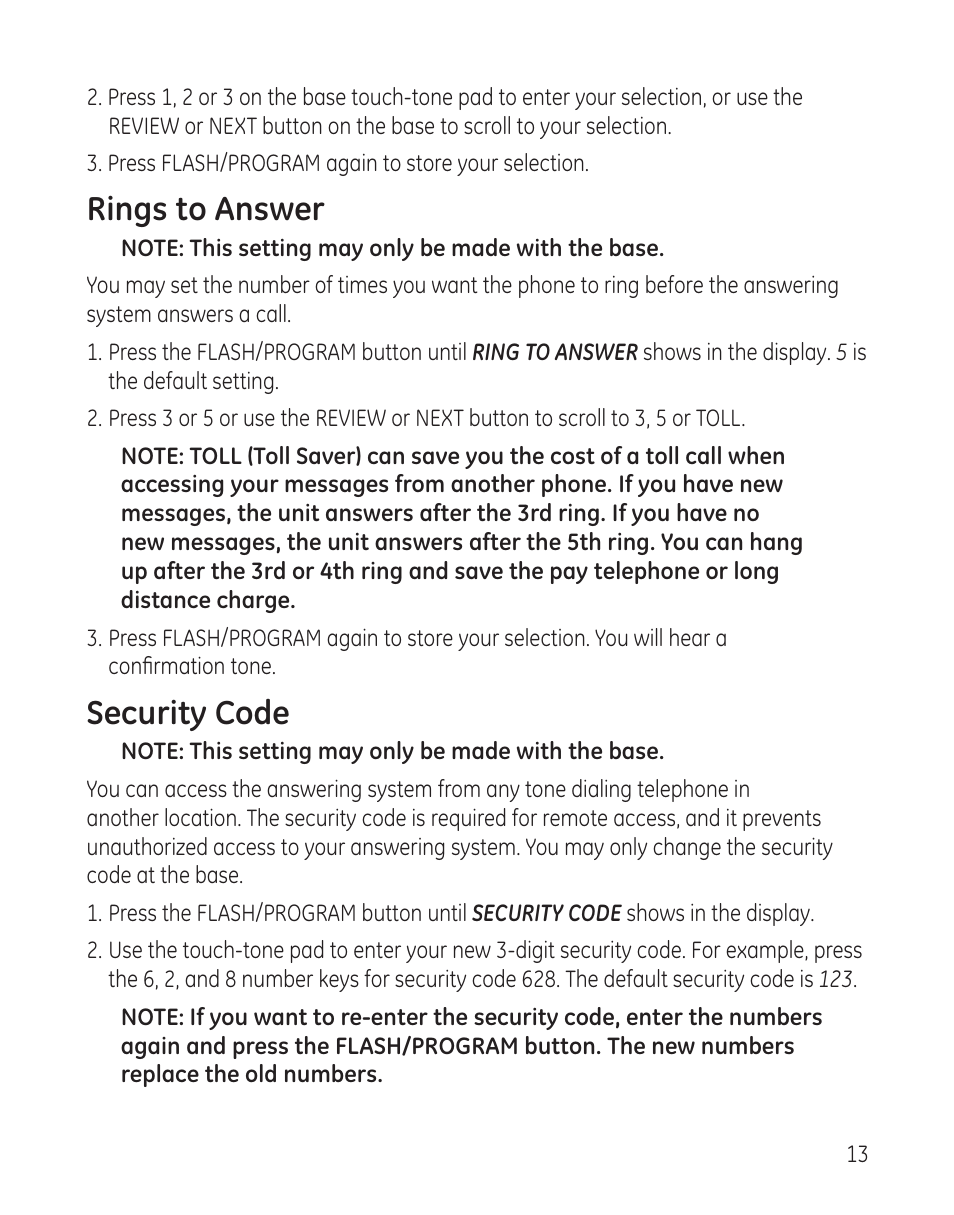 Rings to answer, Security code | GE 00009246 User Manual | Page 13 / 96