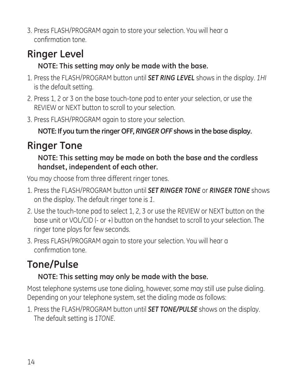 Ringer level, Ringer tone, Tone/pulse | GE 00009246 User Manual | Page 14 / 96