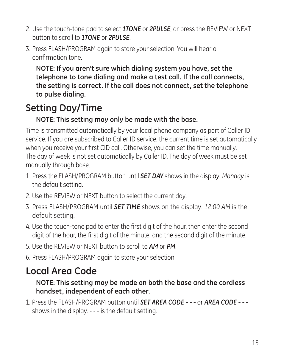 Setting day/time, Local area code | GE 00009246 User Manual | Page 15 / 96
