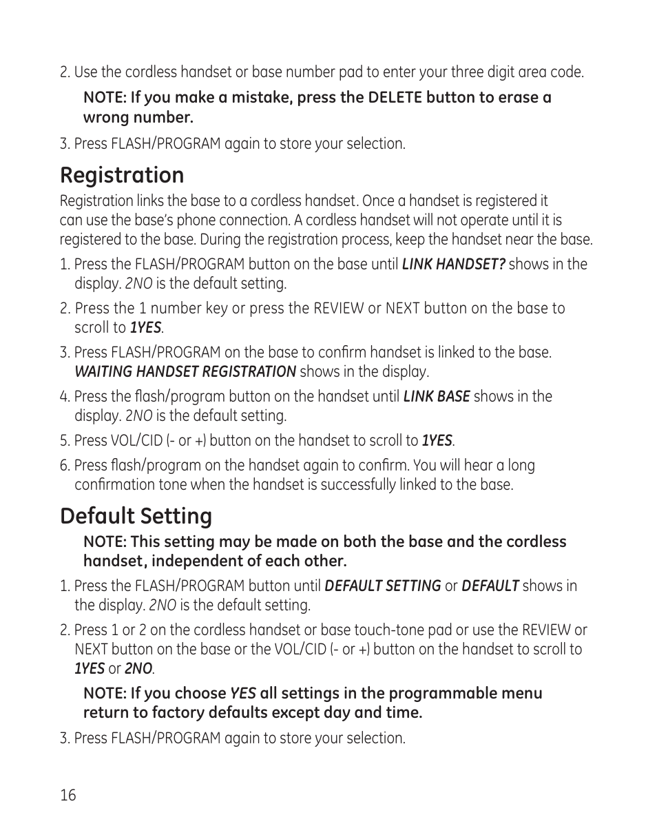 Registration, Default setting | GE 00009246 User Manual | Page 16 / 96