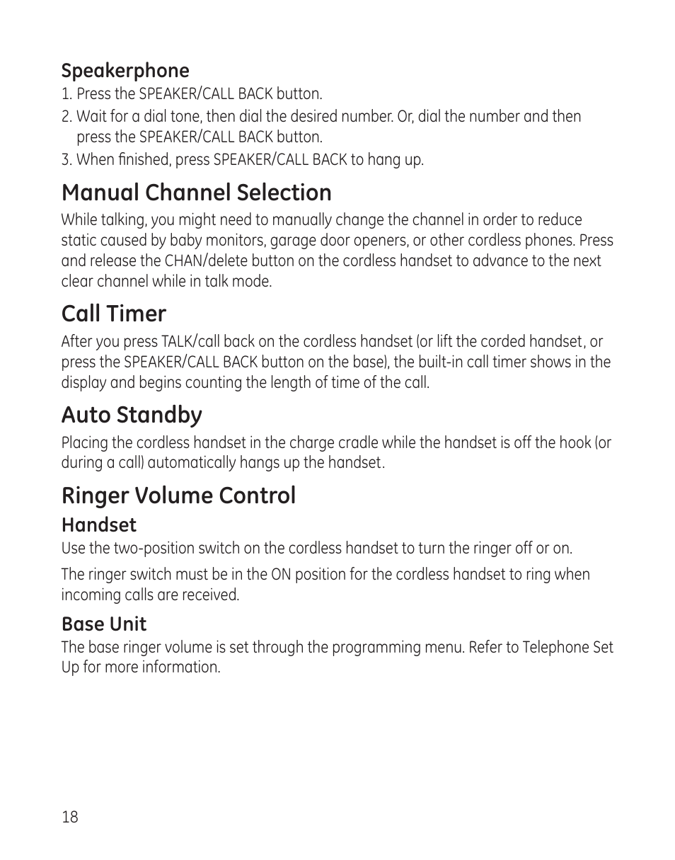 Manual channel selection, Call timer, Auto standby | Ringer volume control | GE 00009246 User Manual | Page 18 / 96