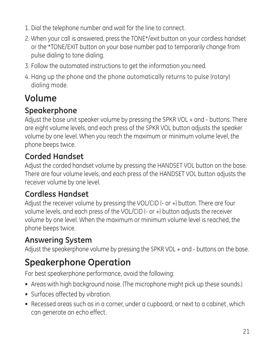Volume, Speakerphone operation | GE 00009246 User Manual | Page 21 / 96