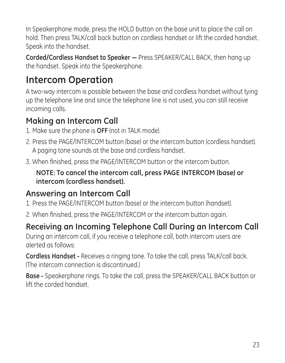 Intercom operation | GE 00009246 User Manual | Page 23 / 96