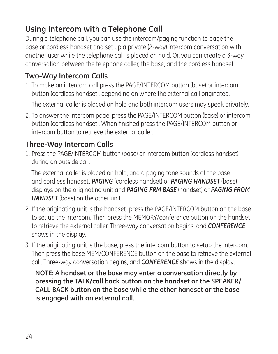 Using intercom with a telephone call | GE 00009246 User Manual | Page 24 / 96