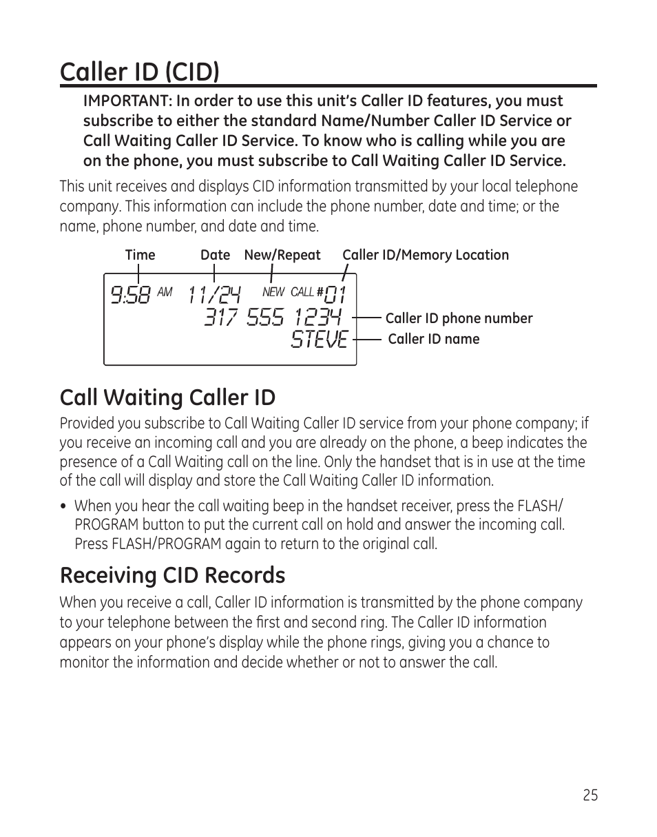 Caller id (cid), Call waiting caller id, Receiving cid records | GE 00009246 User Manual | Page 25 / 96