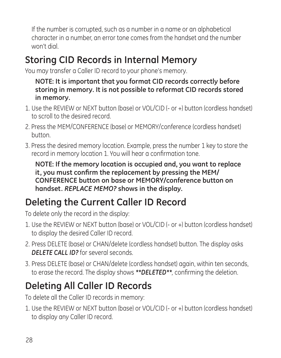 Deleting the current caller id record, Deleting all caller id records | GE 00009246 User Manual | Page 28 / 96