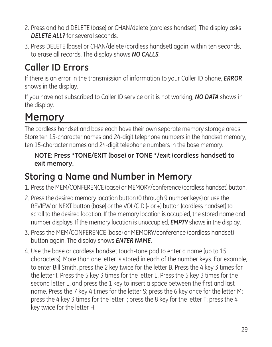 Caller id errors | GE 00009246 User Manual | Page 29 / 96