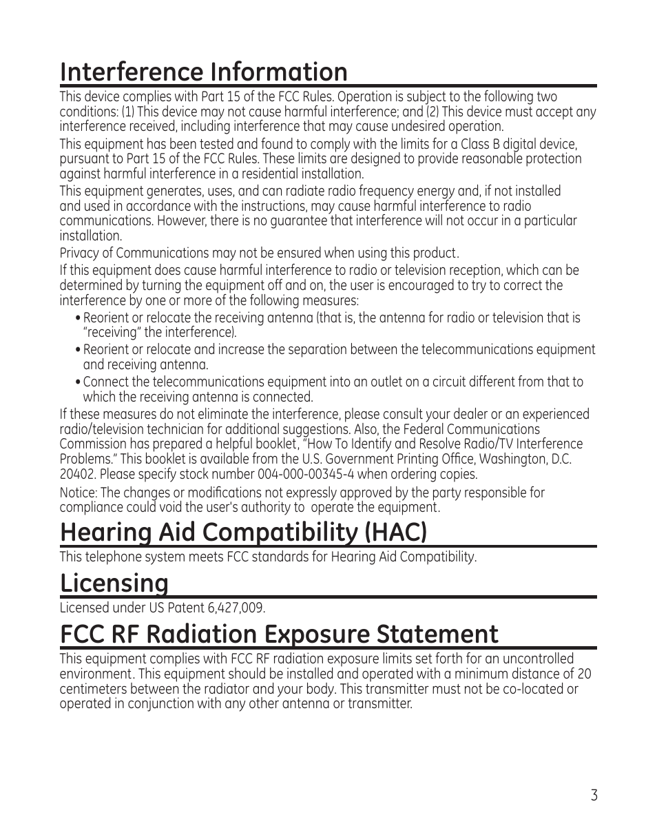 Interference information, Hearing aid compatibility (hac), Licensing | Fcc rf radiation exposure statement | GE 00009246 User Manual | Page 3 / 96