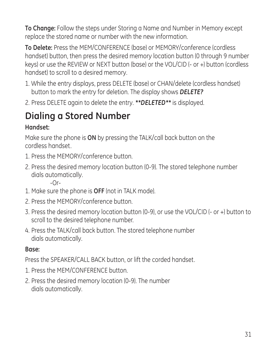 Dialing a stored number | GE 00009246 User Manual | Page 31 / 96