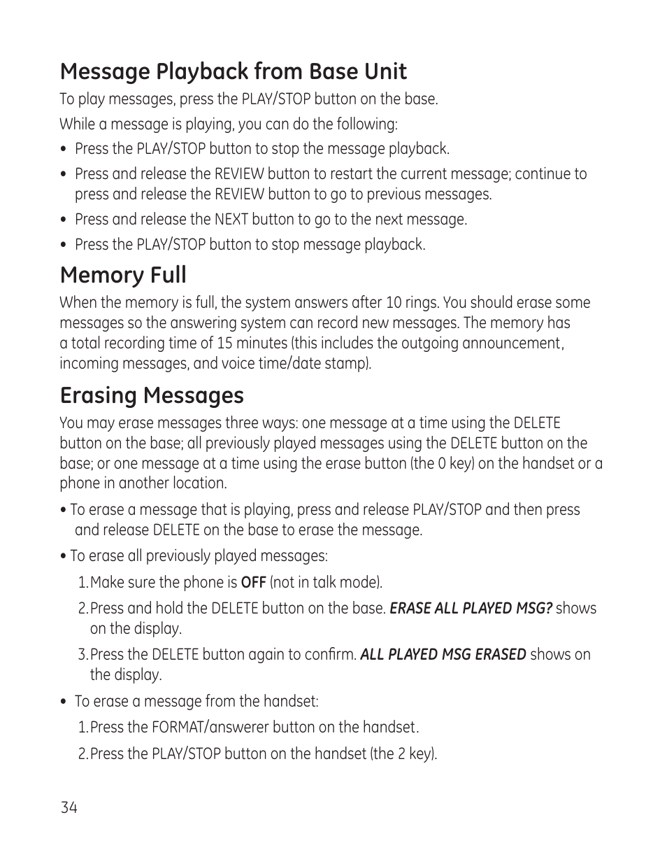 Message playback from base unit, Erasing messages | GE 00009246 User Manual | Page 34 / 96