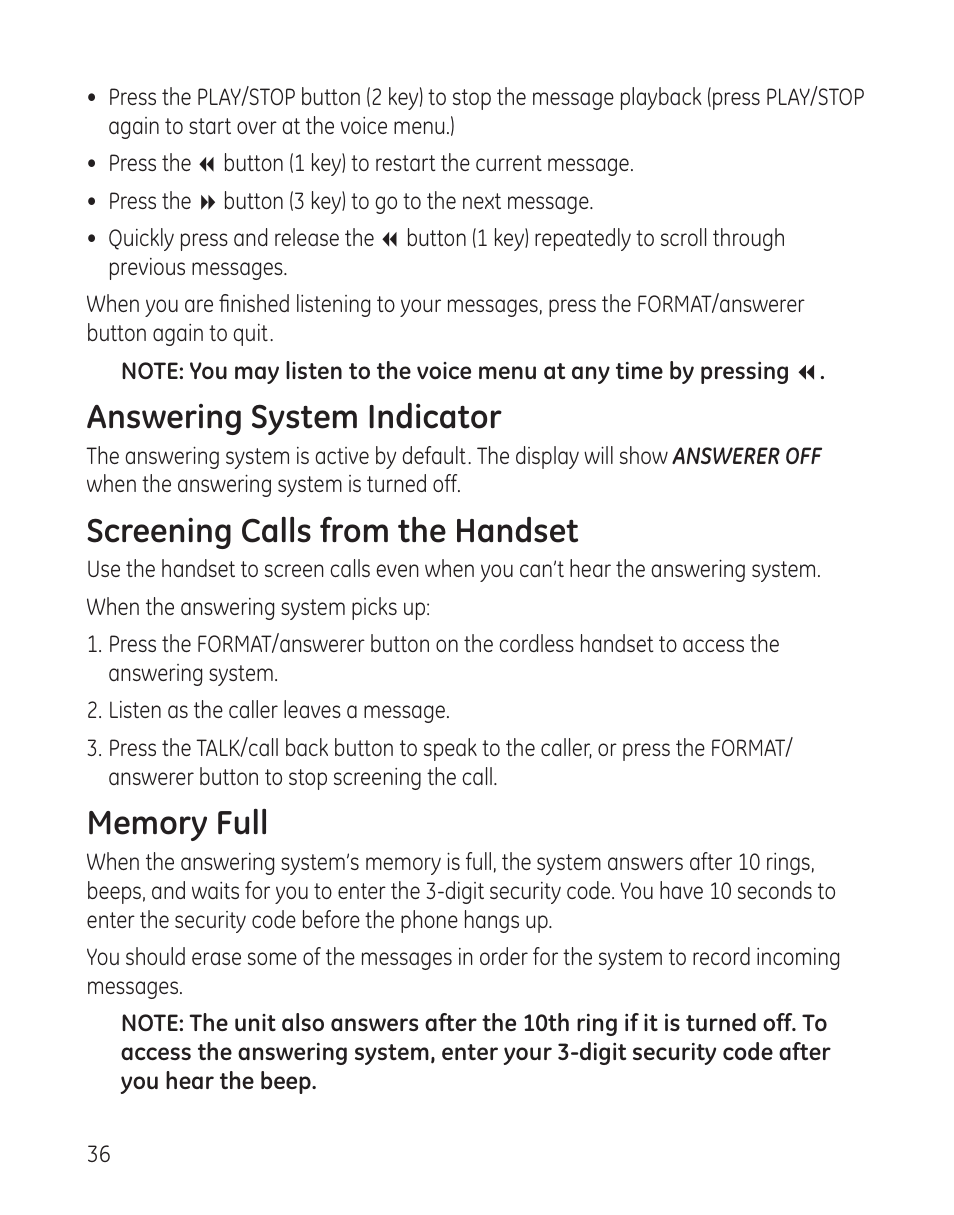 Answering system indicator, Screening calls from the handset | GE 00009246 User Manual | Page 36 / 96