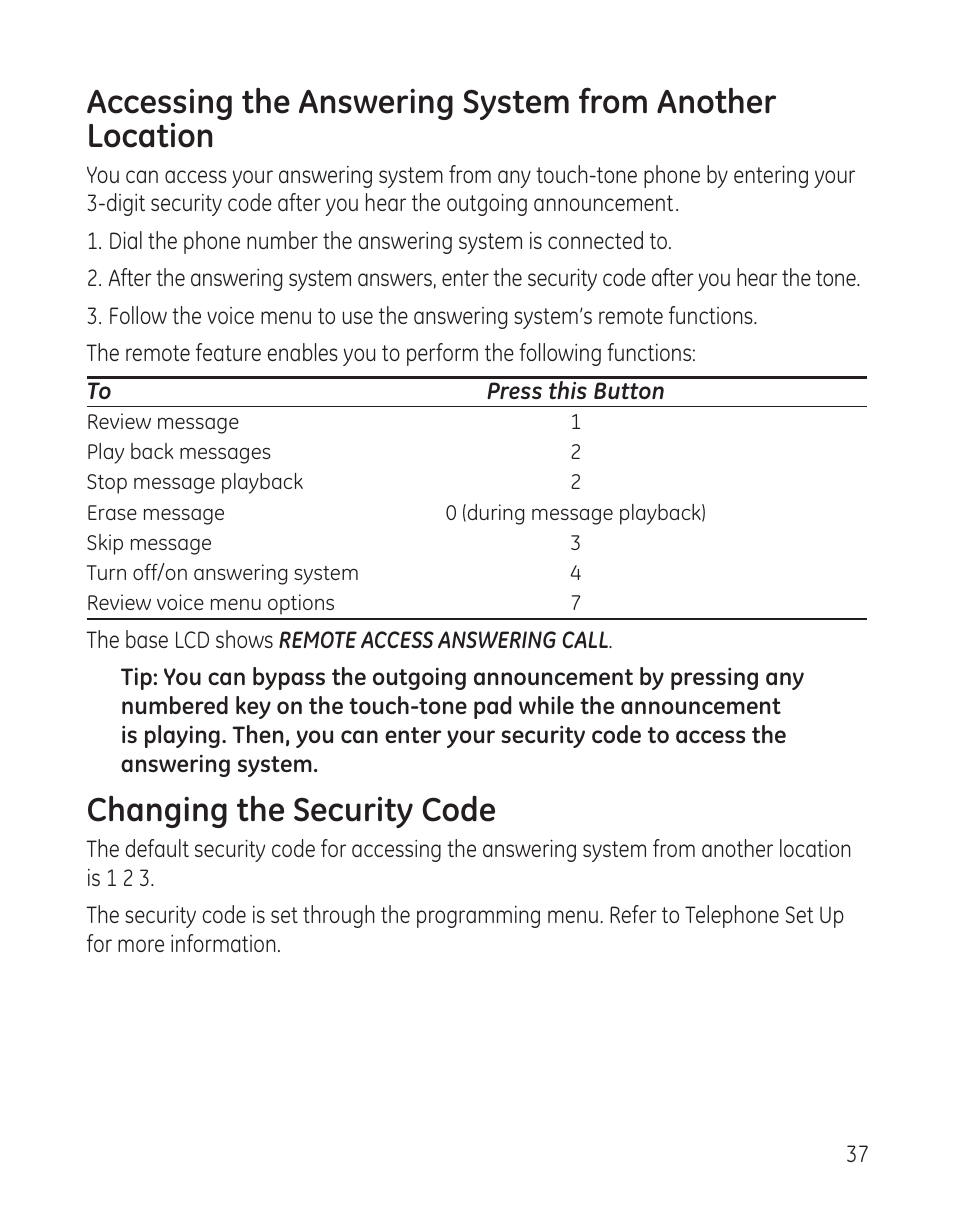 Changing the security code | GE 00009246 User Manual | Page 37 / 96