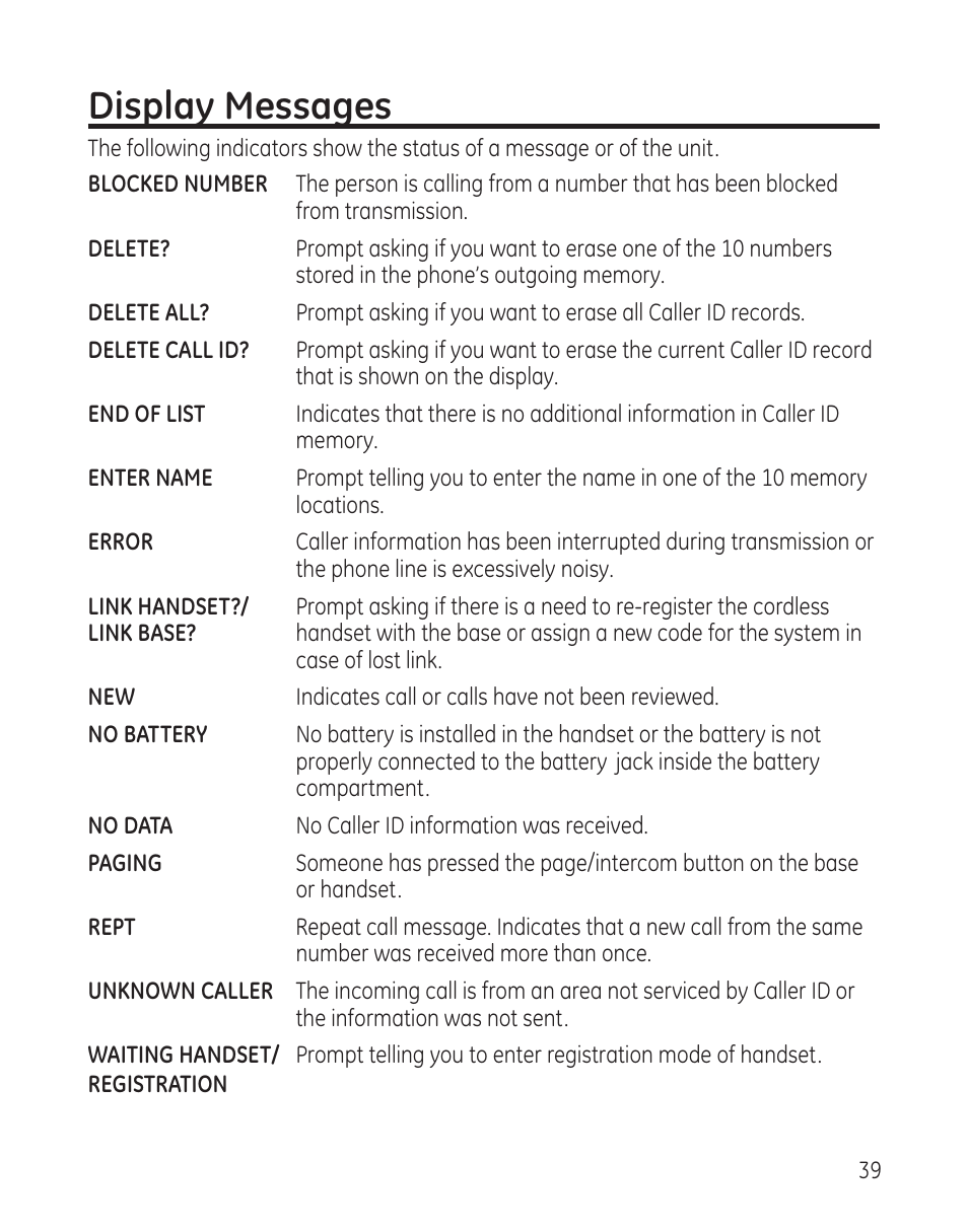 Display messages | GE 00009246 User Manual | Page 39 / 96