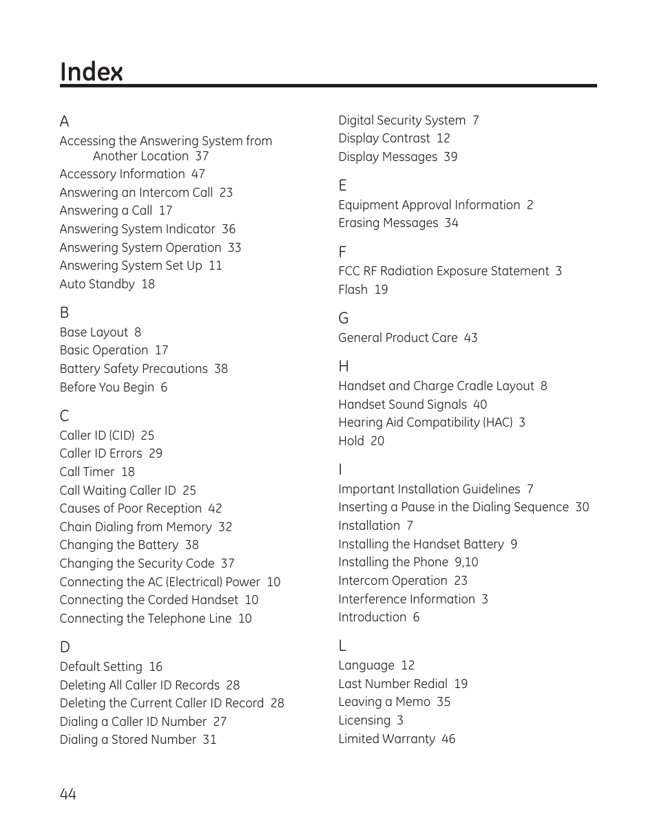 Index | GE 00009246 User Manual | Page 44 / 96