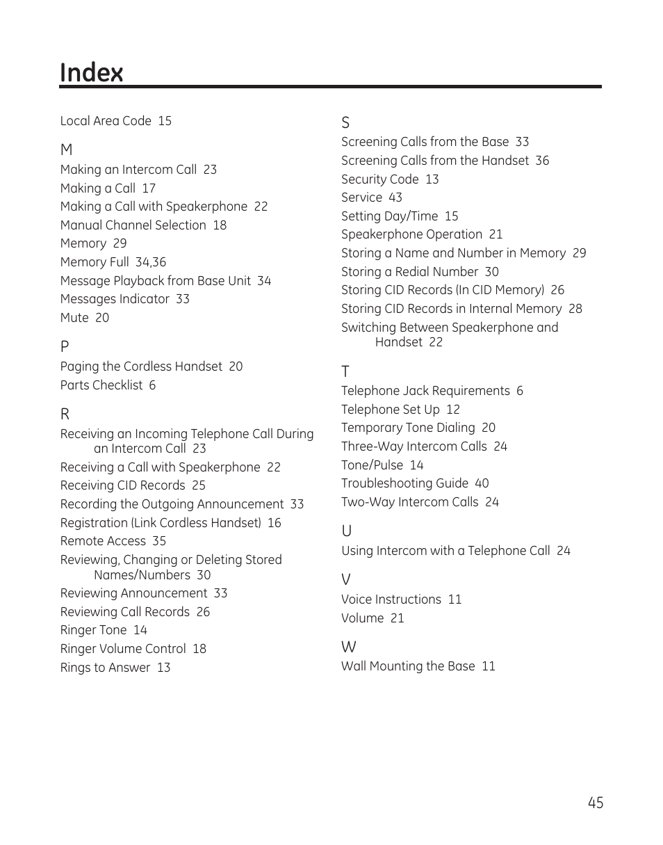 Index | GE 00009246 User Manual | Page 45 / 96