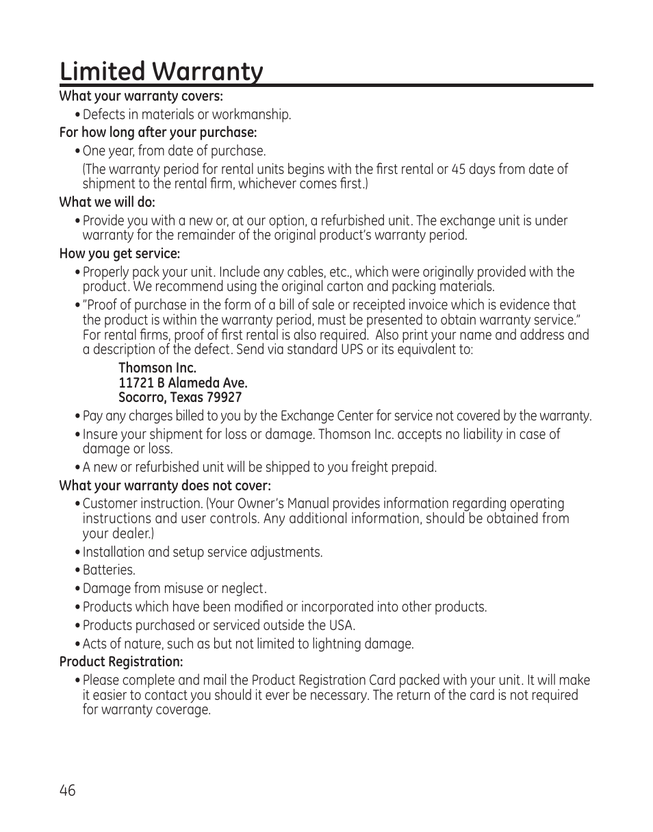 Limited warranty | GE 00009246 User Manual | Page 46 / 96