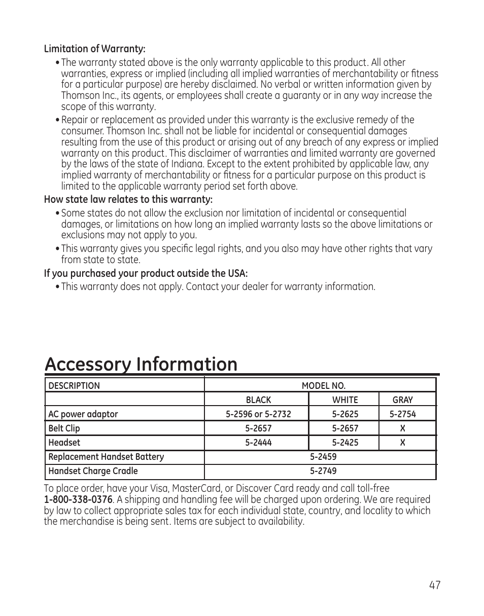 Accessory information | GE 00009246 User Manual | Page 47 / 96
