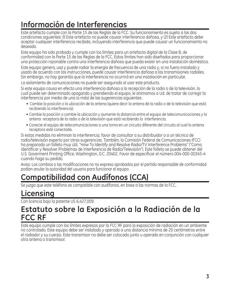 Información de interferencias, Compatibilidad con audífonos (cca), Licensing | GE 00009246 User Manual | Page 51 / 96