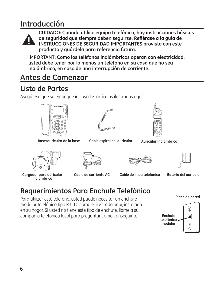 Introducción, Antes de comenzar, Lista de partes | Requerimientos para enchufe telefónico | GE 00009246 User Manual | Page 54 / 96