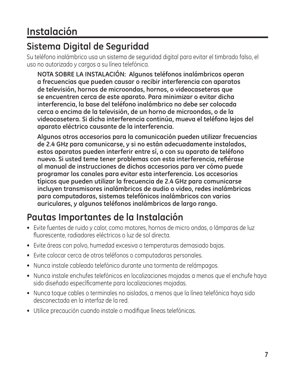 Instalación, Sistema digital de seguridad, Pautas importantes de la instalación | GE 00009246 User Manual | Page 55 / 96
