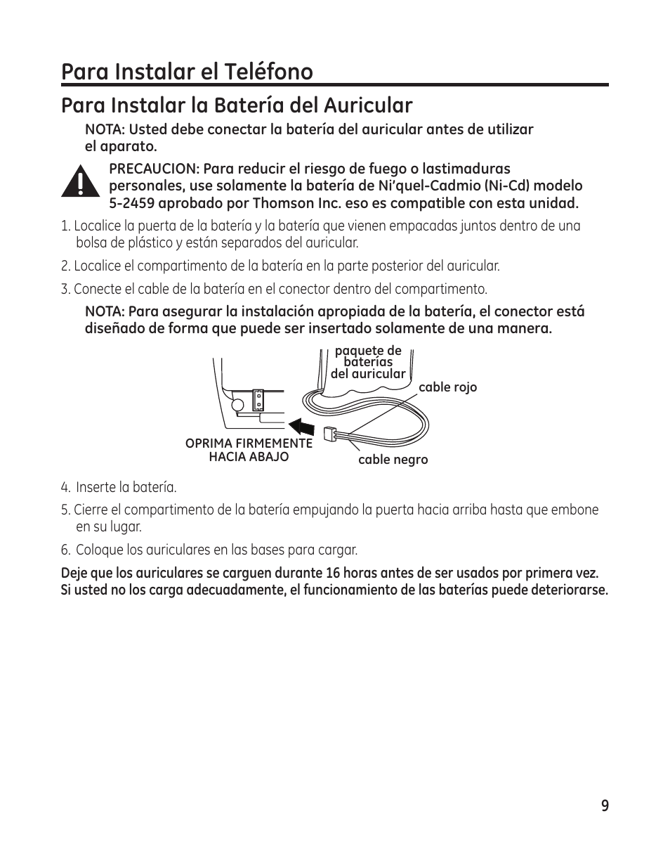 Para instalar el teléfono, Para instalar la batería del auricular | GE 00009246 User Manual | Page 57 / 96