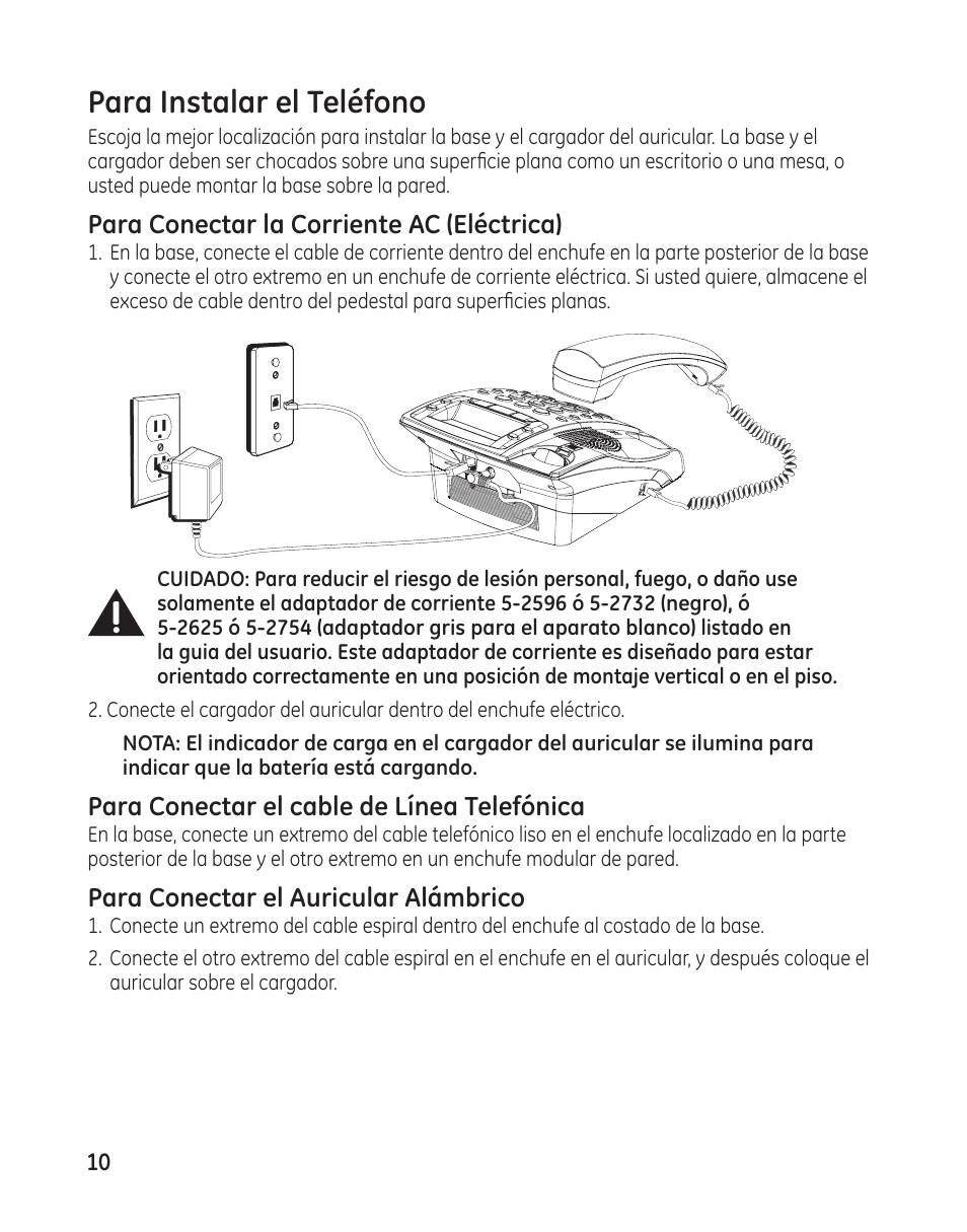 Para instalar el teléfono, Para conectar la corriente ac (eléctrica), Para conectar el cable de línea telefónica | Para conectar el auricular alámbrico | GE 00009246 User Manual | Page 58 / 96