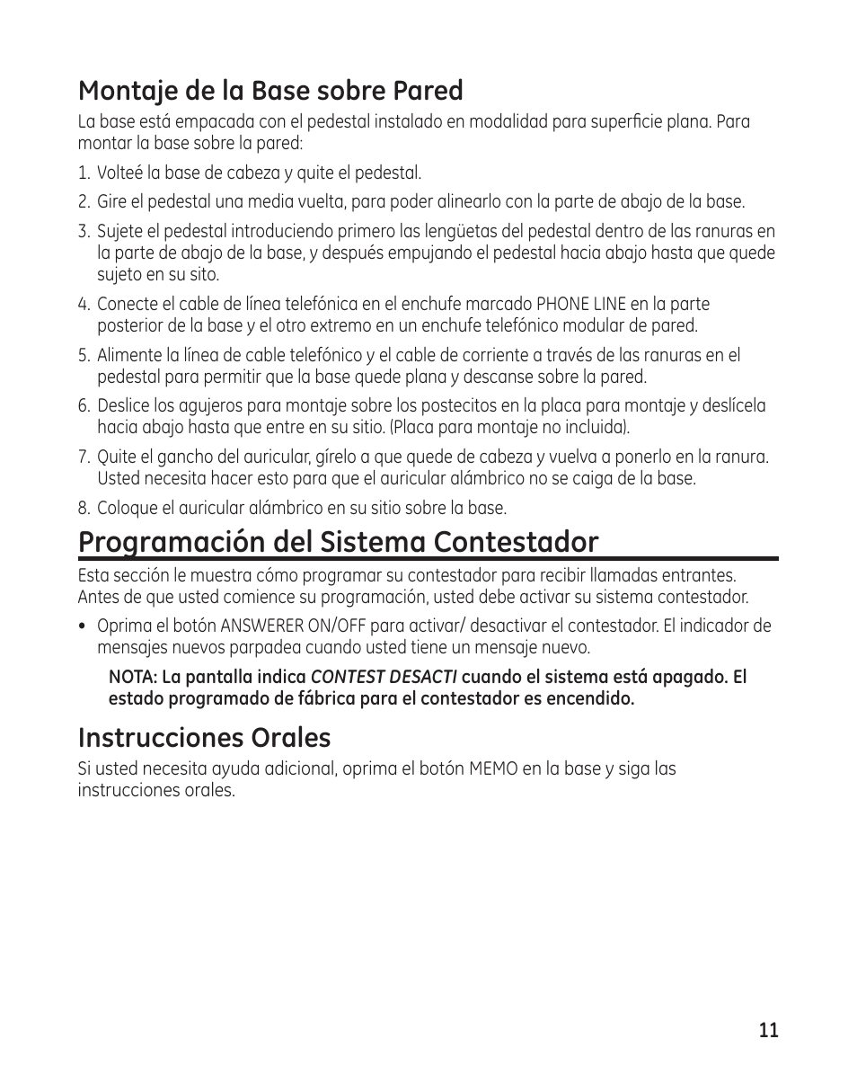 Programación del sistema contestador, Montaje de la base sobre pared, Instrucciones orales | GE 00009246 User Manual | Page 59 / 96