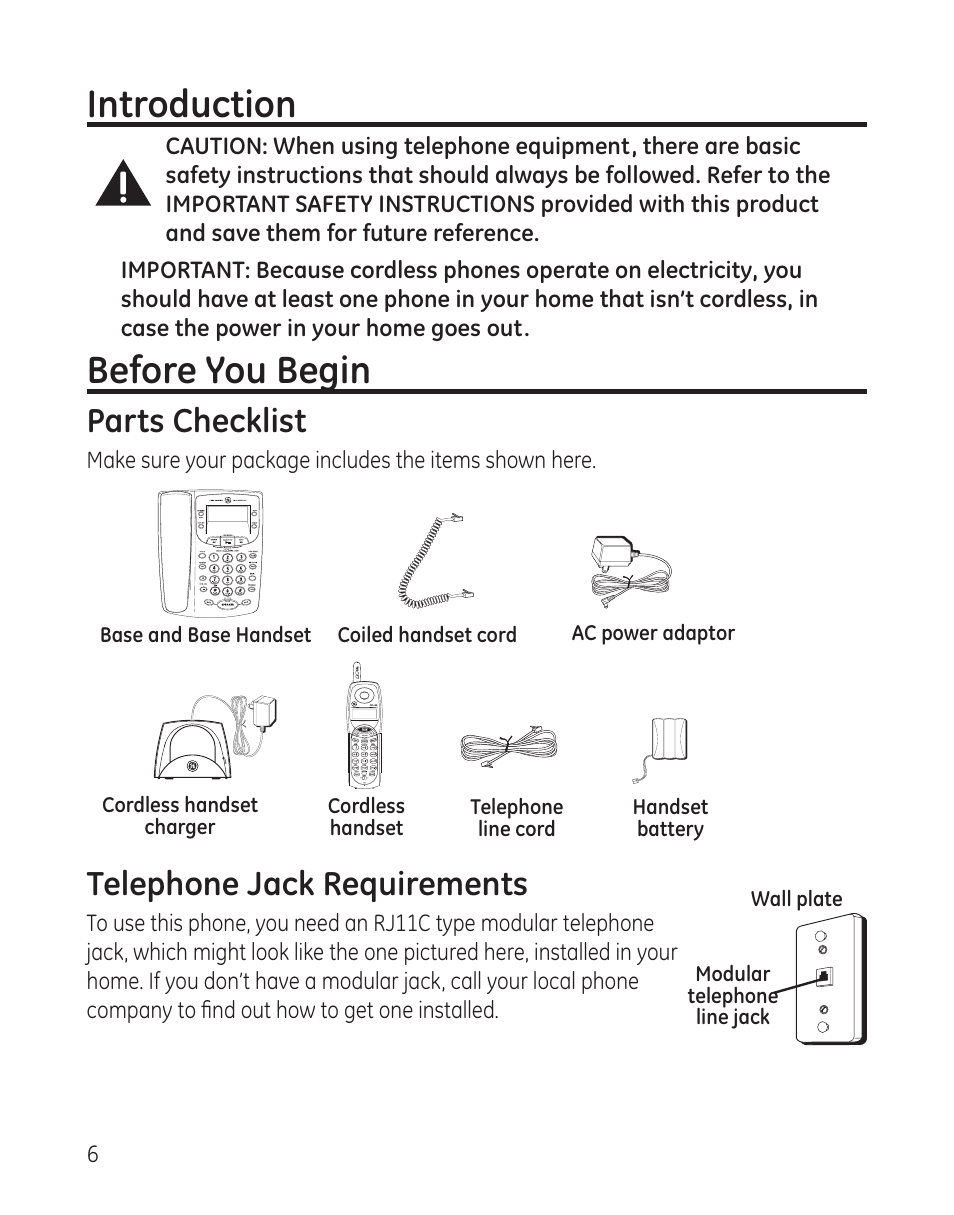 Introduction, Before you begin, Parts checklist | Telephone jack requirements | GE 00009246 User Manual | Page 6 / 96