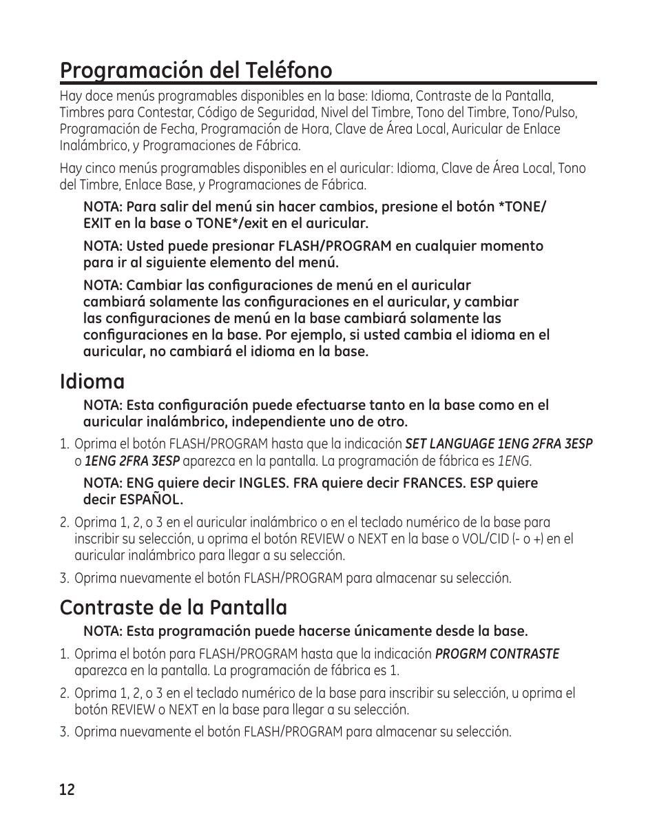 Programación del teléfono, Idioma, Contraste de la pantalla | GE 00009246 User Manual | Page 60 / 96