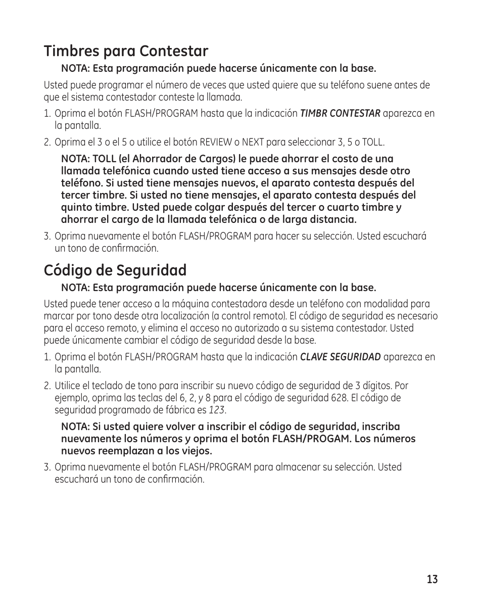 Timbres para contestar, Código de seguridad | GE 00009246 User Manual | Page 61 / 96