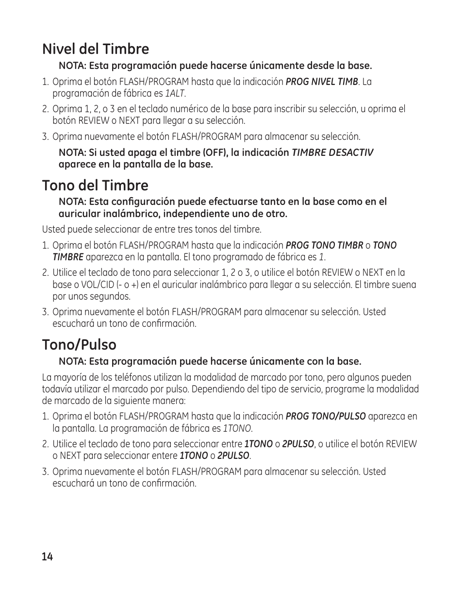 Nivel del timbre, Tono del timbre, Tono/pulso | GE 00009246 User Manual | Page 62 / 96