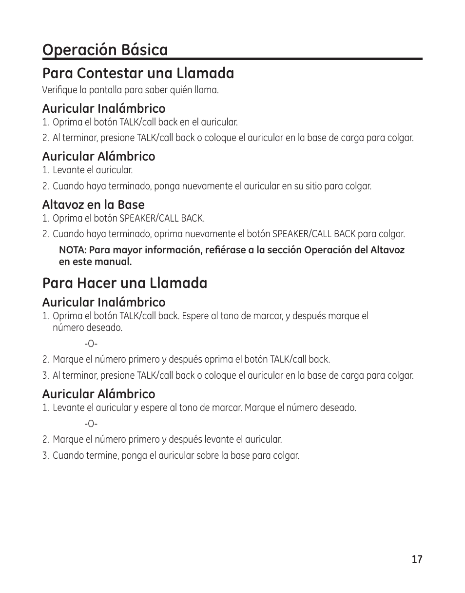 Operación básica, Para contestar una llamada, Para hacer una llamada | GE 00009246 User Manual | Page 65 / 96