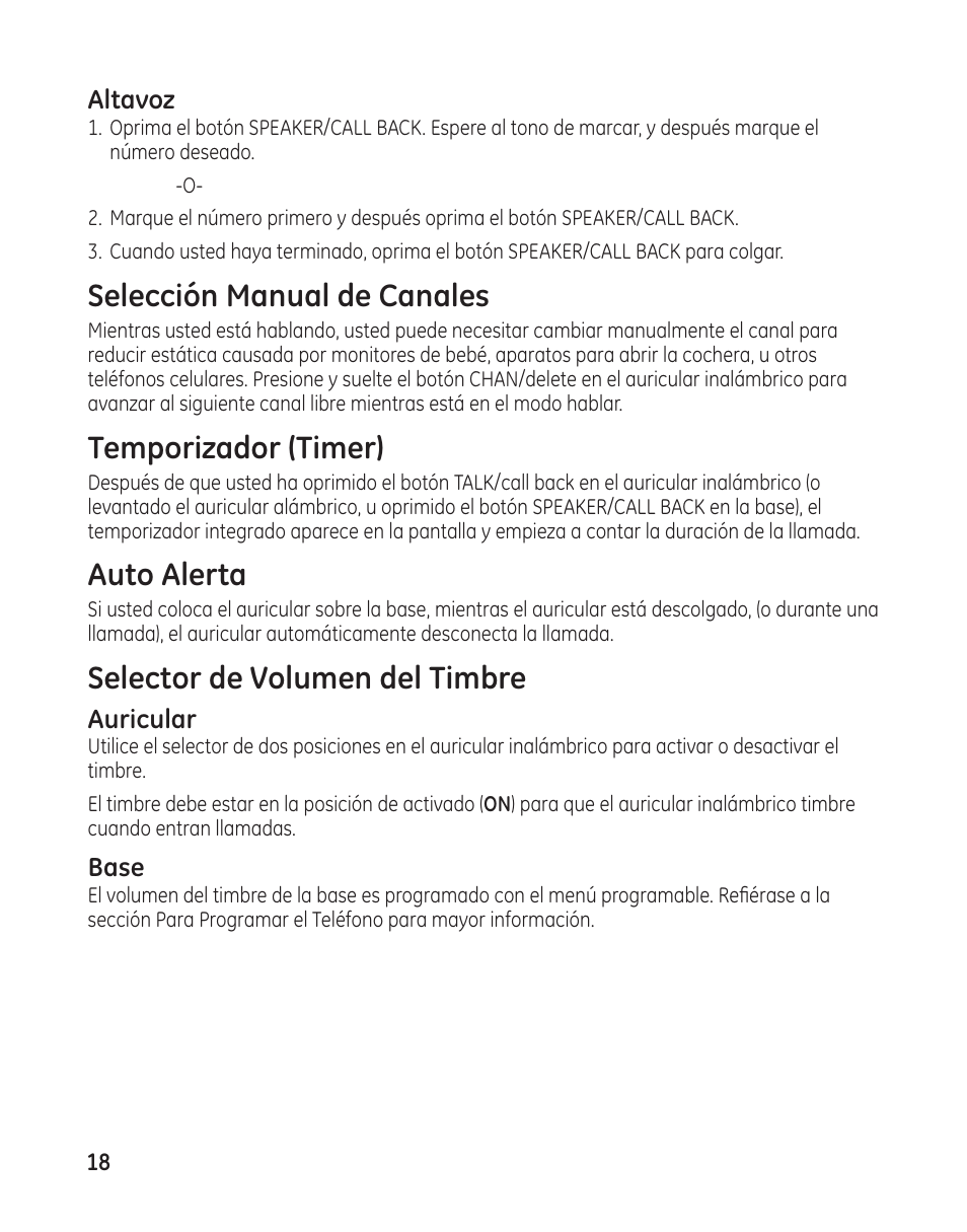 Selección manual de canales, Temporizador (timer), Auto alerta | Selector de volumen del timbre | GE 00009246 User Manual | Page 66 / 96