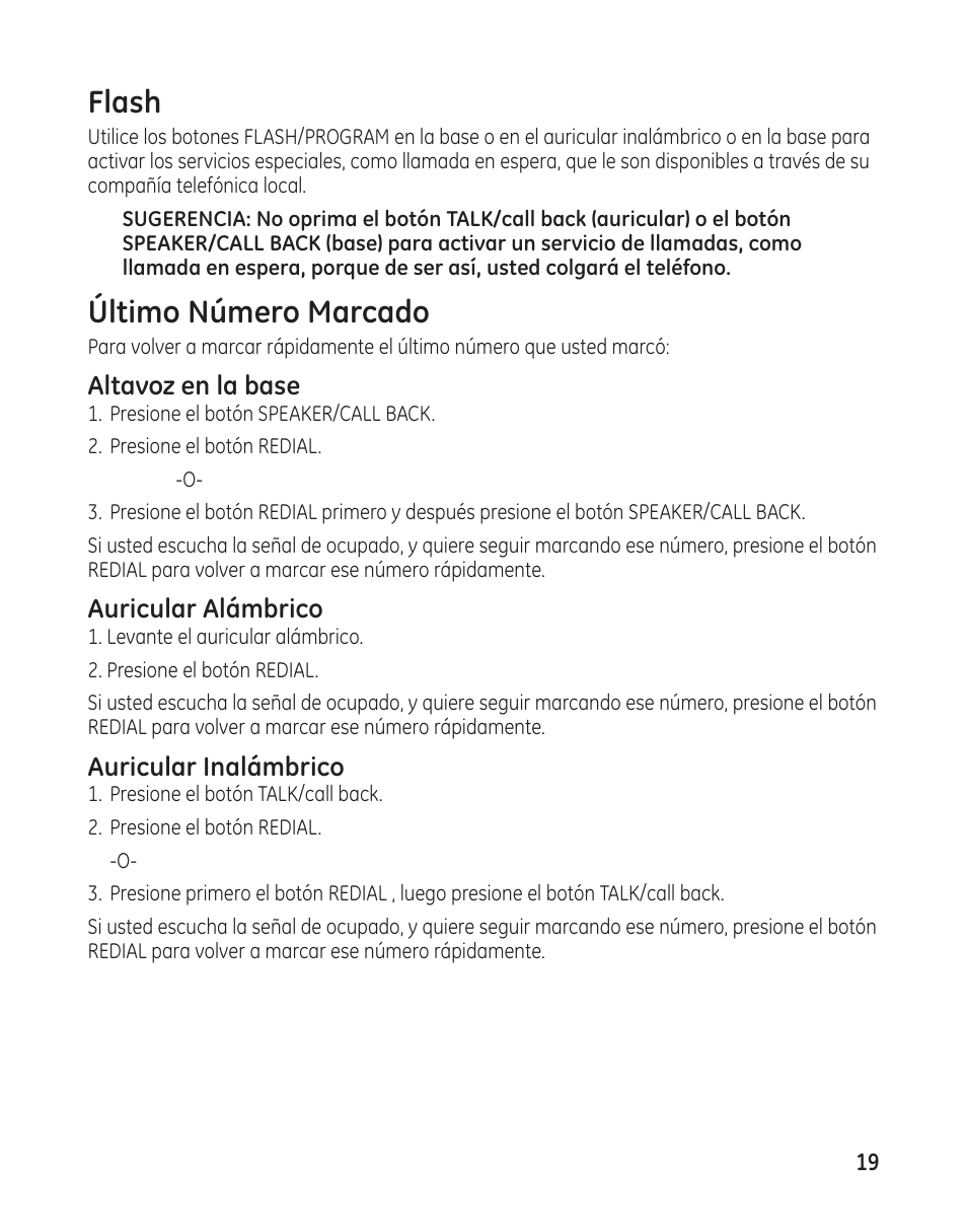 Flash, Último número marcado | GE 00009246 User Manual | Page 67 / 96