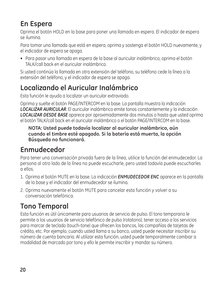 En espera, Localizando el auricular inalámbrico, Enmudecedor | Tono temporal | GE 00009246 User Manual | Page 68 / 96