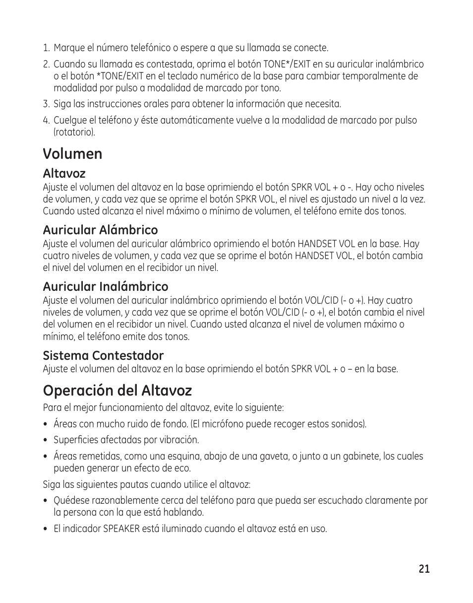 Volumen, Operación del altavoz, Altavoz | Auricular alámbrico, Auricular inalámbrico, Sistema contestador | GE 00009246 User Manual | Page 69 / 96